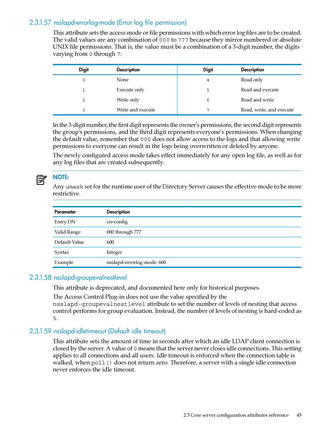 HP UX Identity Security Software manual Nsslapd-errorlog-mode Error log file permission, Nsslapd-groupevalnestlevel 