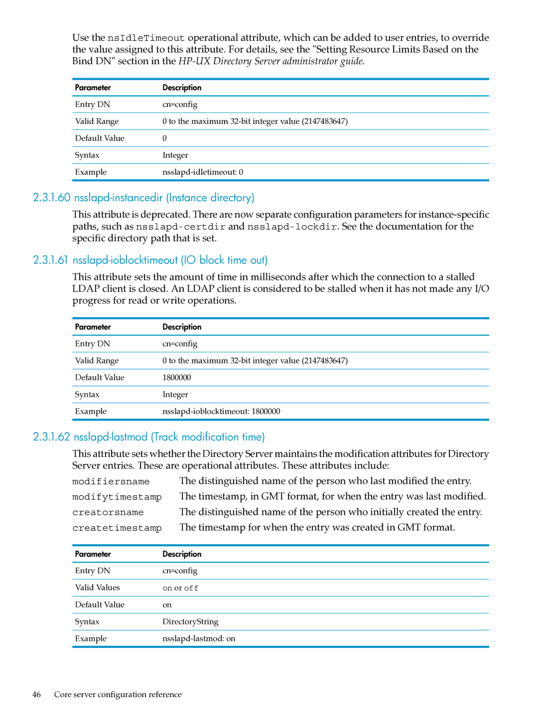 HP UX Identity Security Software manual Nsslapd-instancedir Instance directory, Nsslapd-ioblocktimeout IO block time out 