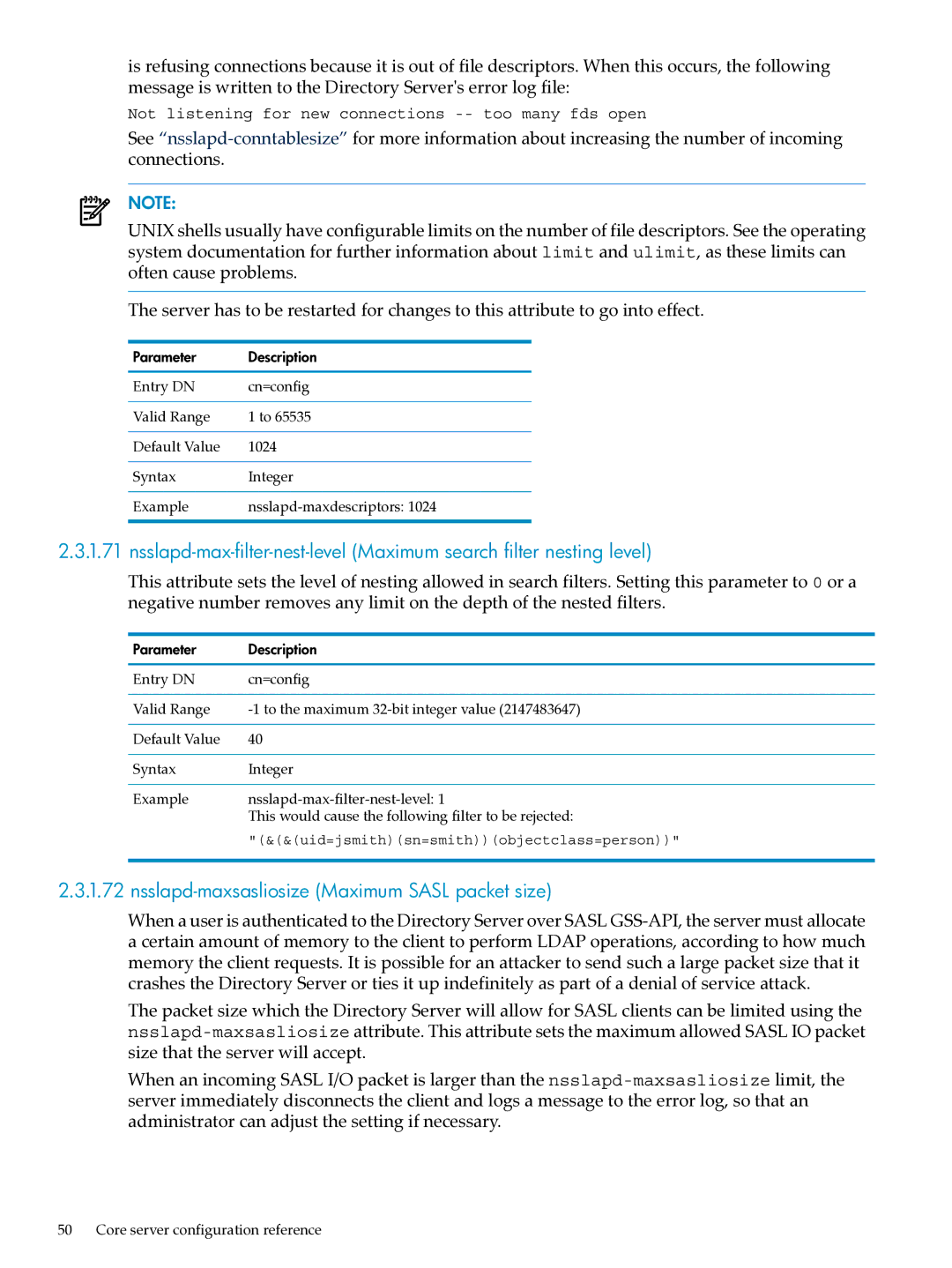 HP UX Identity Security Software manual Nsslapd-maxsasliosize Maximum Sasl packet size 