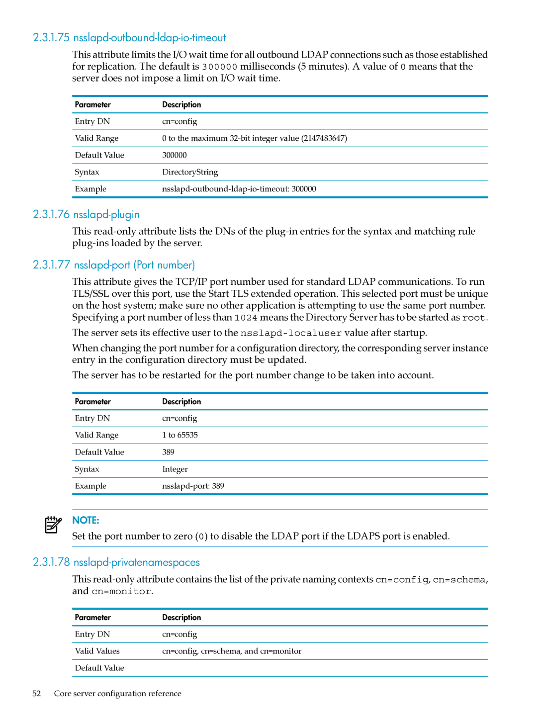 HP UX Identity Security Software manual Nsslapd-outbound-ldap-io-timeout, Nsslapd-plugin, Nsslapd-port Port number 