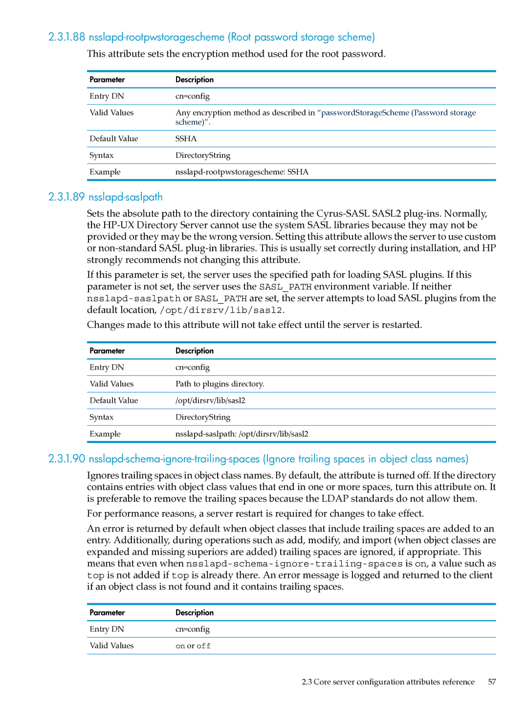 HP UX Identity Security Software manual Nsslapd-rootpwstoragescheme Root password storage scheme, Nsslapd-saslpath 