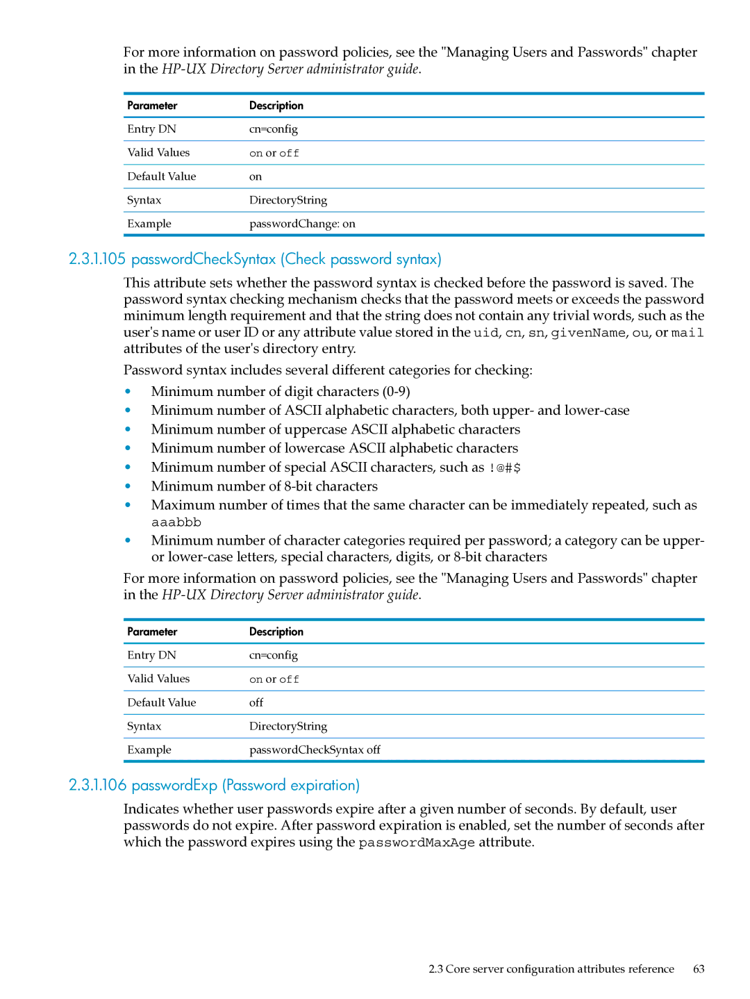 HP UX Identity Security Software manual PasswordCheckSyntax Check password syntax, PasswordExp Password expiration 