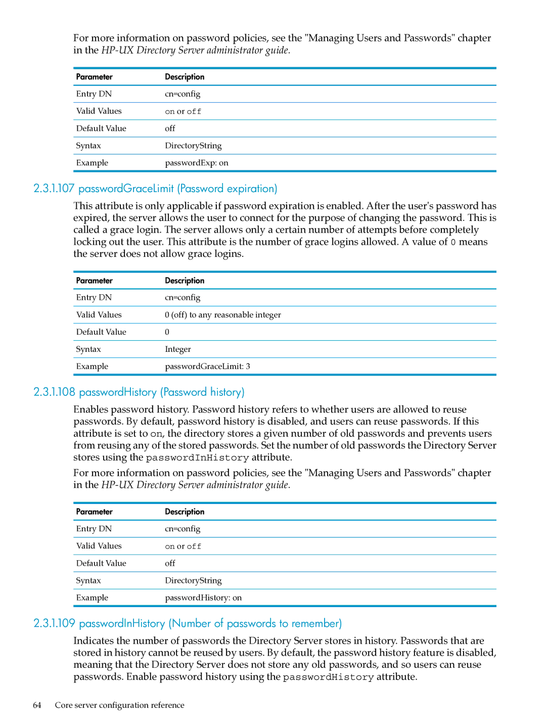 HP UX Identity Security Software manual PasswordGraceLimit Password expiration, PasswordHistory Password history 
