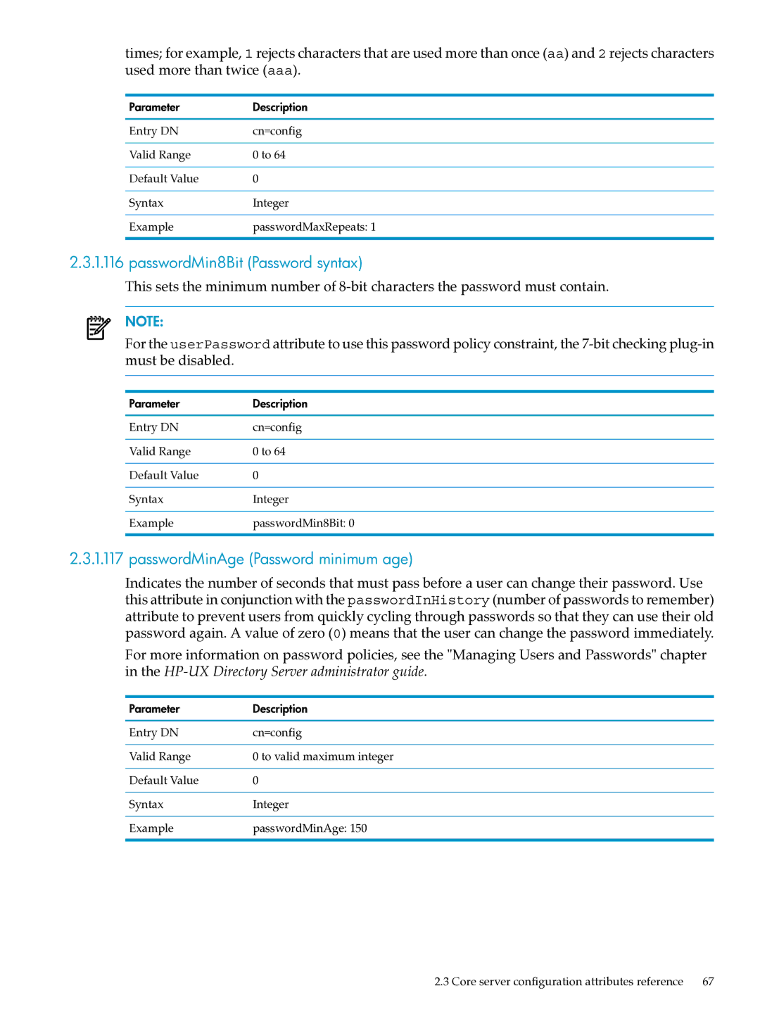 HP UX Identity Security Software manual PasswordMin8Bit Password syntax, PasswordMinAge Password minimum age 