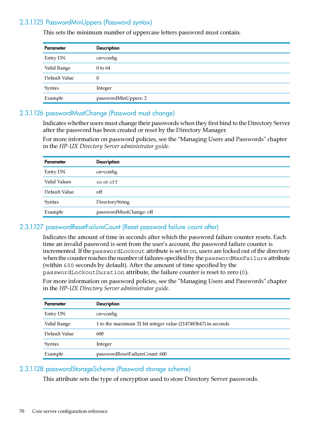 HP UX Identity Security Software manual PasswordMinUppers Password syntax, PasswordMustChange Password must change 