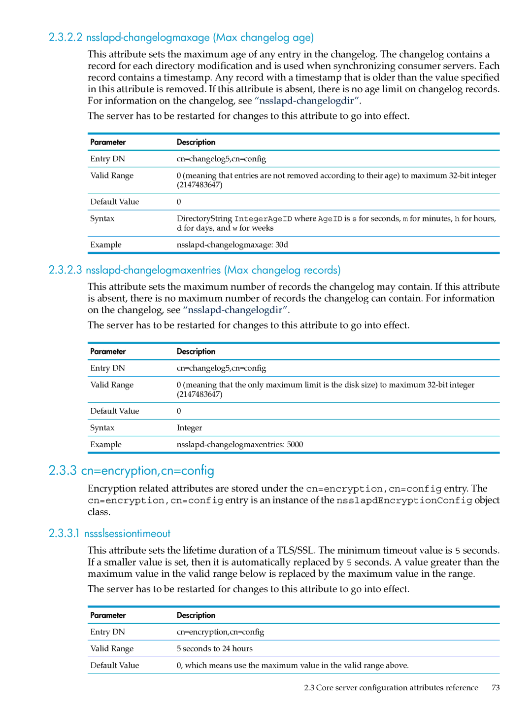 HP UX Identity Security Software 3 cn=encryption,cn=config, Nsslapd-changelogmaxage Max changelog age, Nssslsessiontimeout 