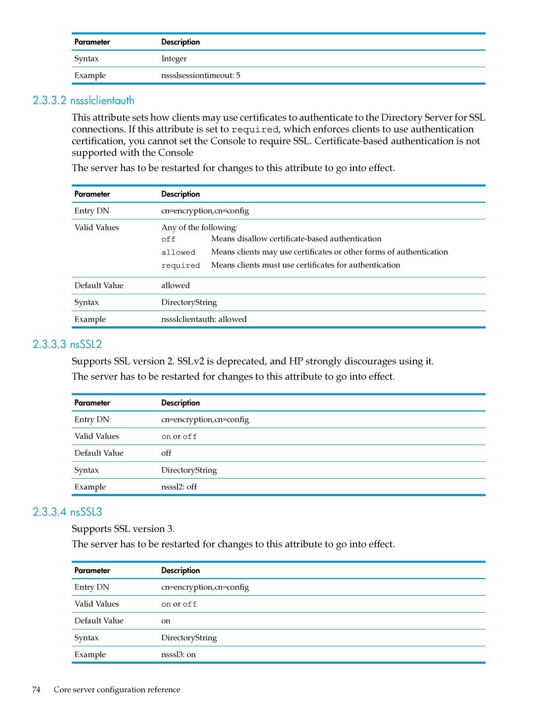 HP UX Identity Security Software manual Nssslclientauth, NsSSL2, NsSSL3, Means disallow certificate-based authentication 