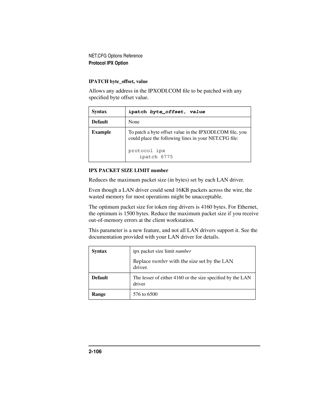 HP UX Internet and Networking Software manual Ipatch byteoffset, value Syntax, IPX Packet Size Limit number 