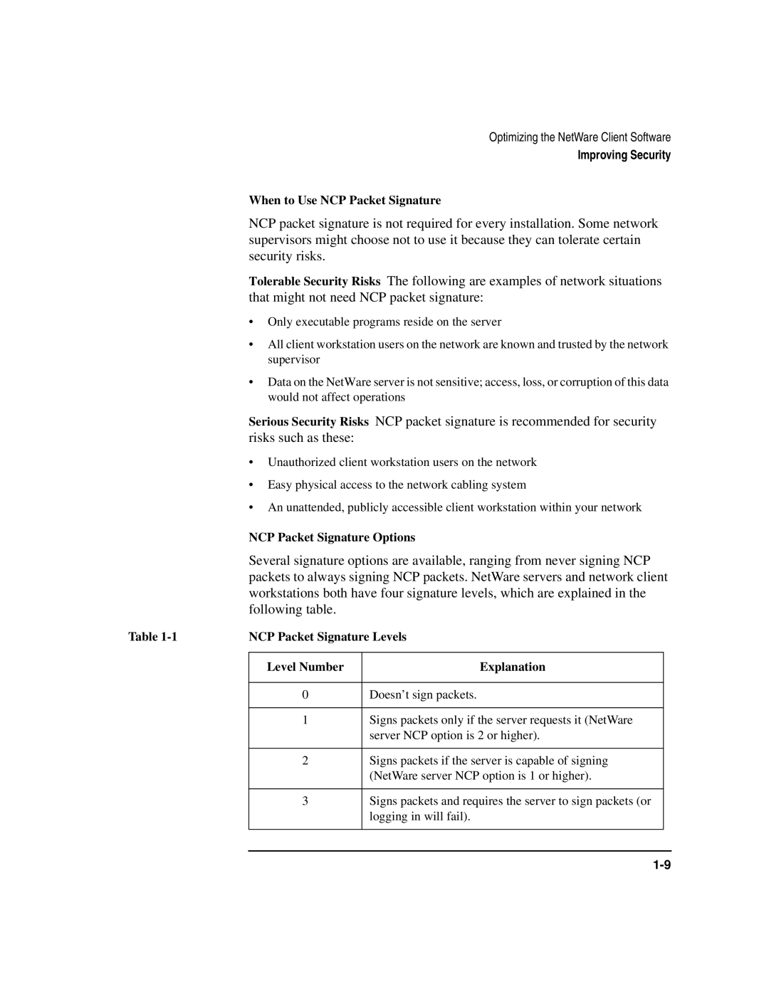 HP UX Internet and Networking Software manual When to Use NCP Packet Signature, NCP Packet Signature Options 