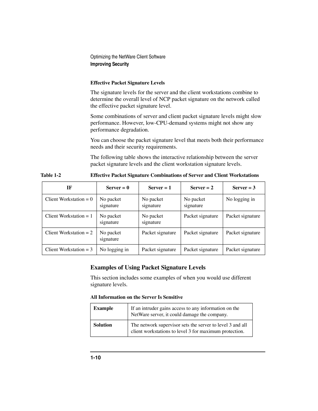 HP UX Internet and Networking Software manual Examples of Using Packet Signature Levels, Effective Packet Signature Levels 