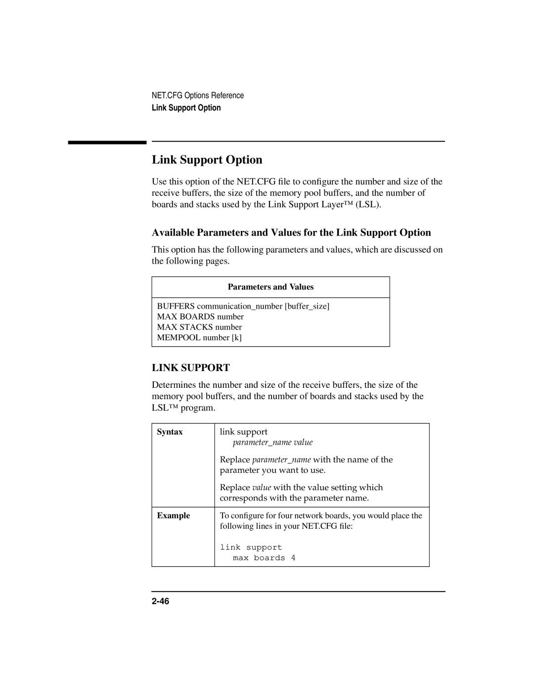 HP UX Internet and Networking Software manual Available Parameters and Values for the Link Support Option 