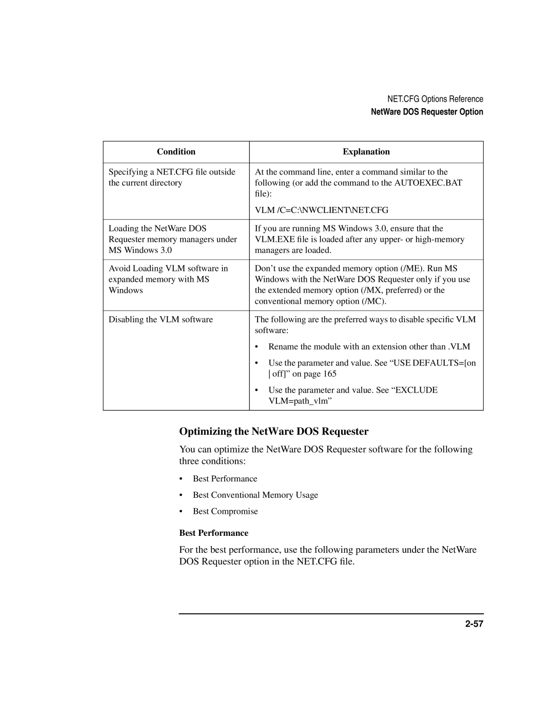 HP UX Internet and Networking Software Optimizing the NetWare DOS Requester, Vlm /C=C\Nwclient\Net.Cfg, Best Performance 