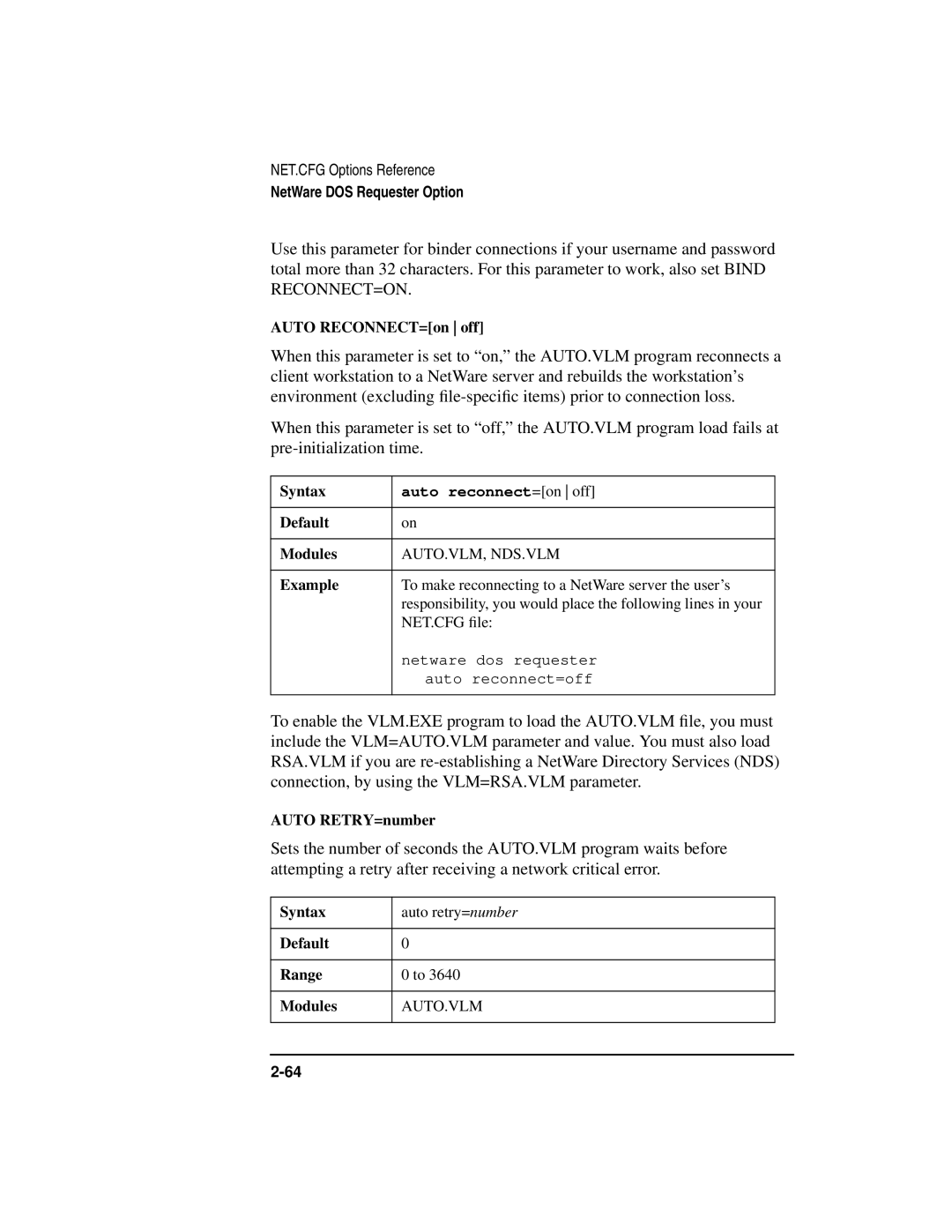 HP UX Internet and Networking Software manual Auto RECONNECT=on off, Default Modules, Auto.Vlm, Nds.Vlm, Auto RETRY=number 