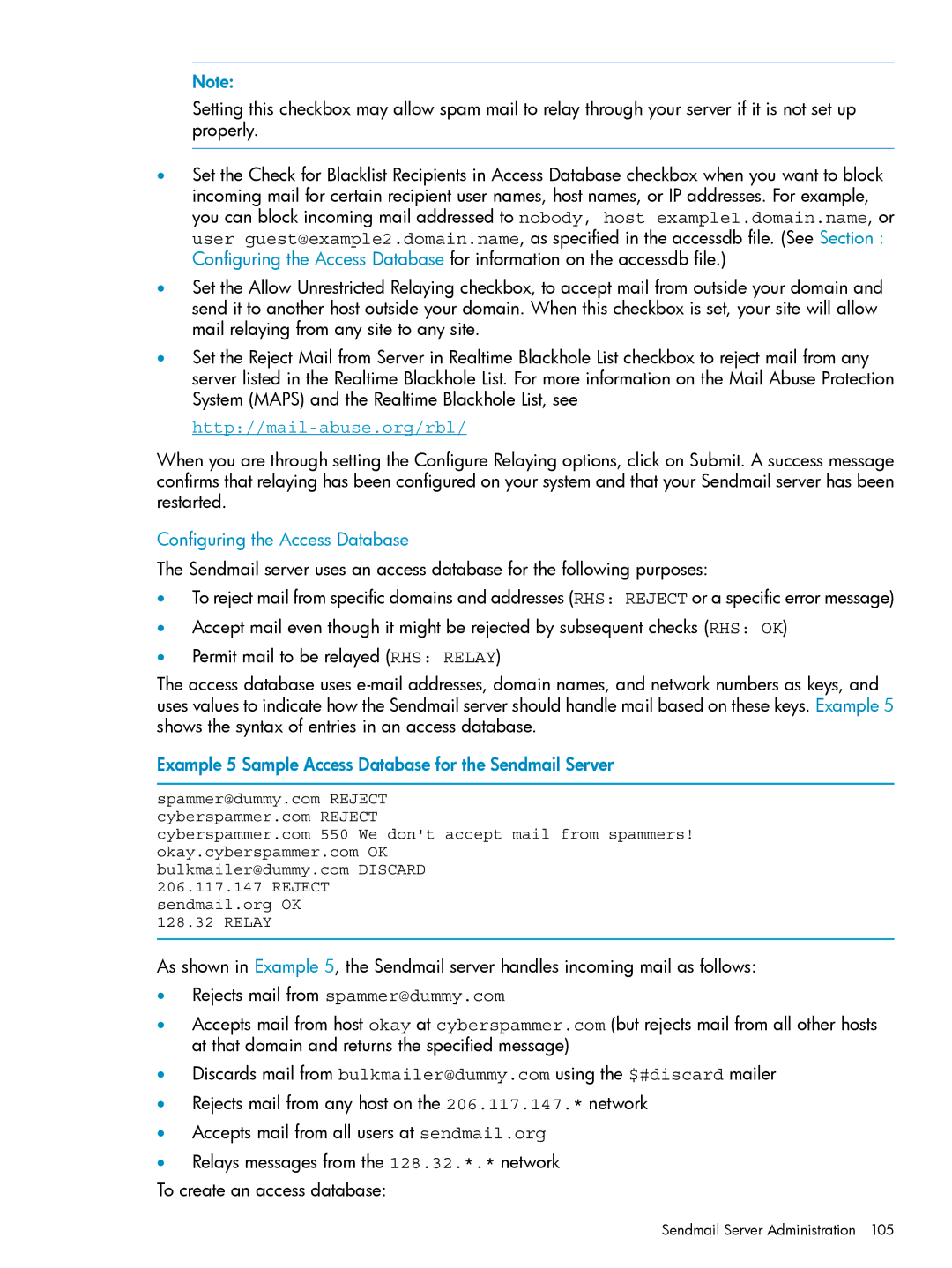 HP UX Internet Express Software Configuring the Access Database, Example 5 Sample Access Database for the Sendmail Server 