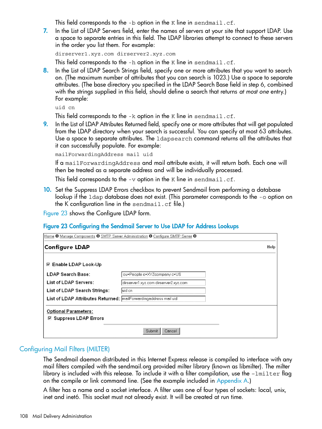 HP UX Internet Express Software manual Configuring Mail Filters Milter, Shows the Configure Ldap form 