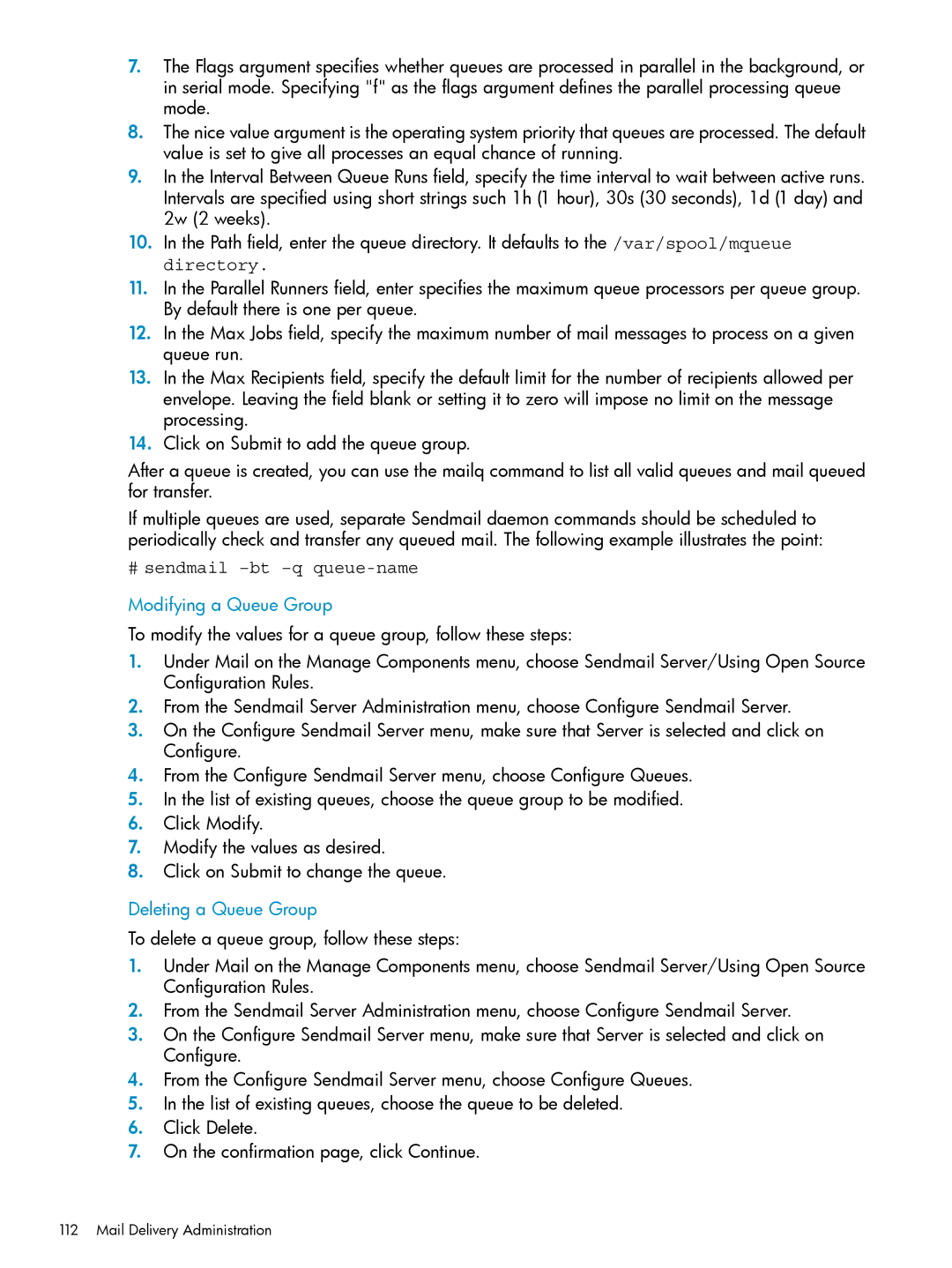 HP UX Internet Express Software manual # sendmail -bt -q queue-name, Modifying a Queue Group, Deleting a Queue Group 