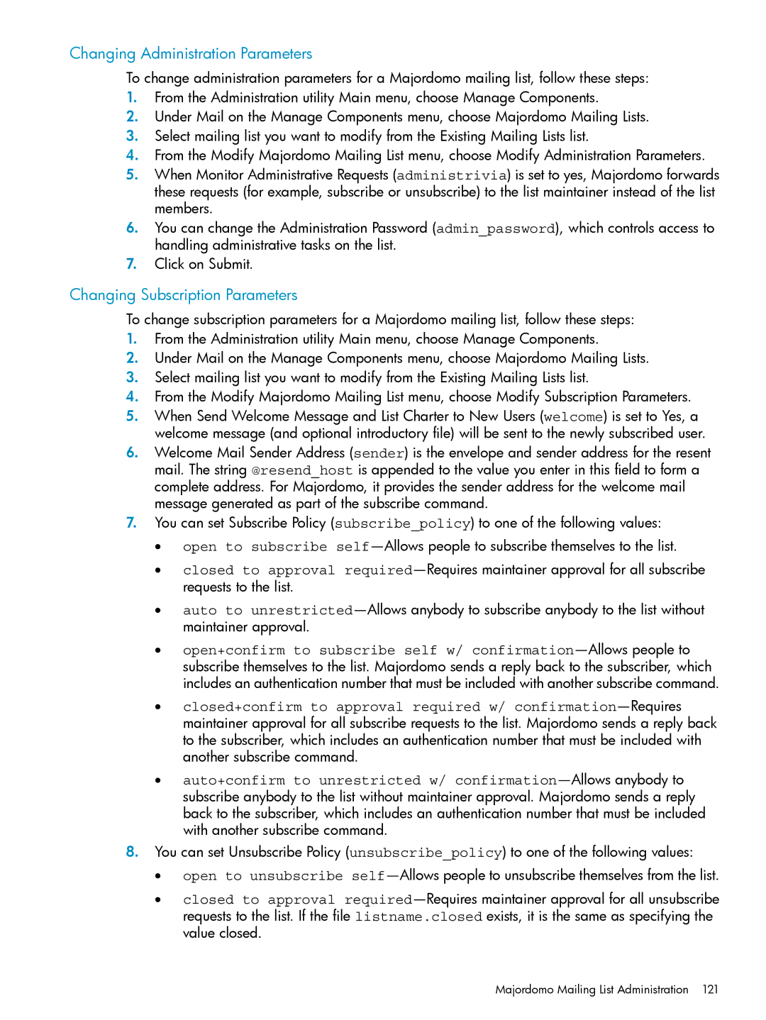 HP UX Internet Express Software manual Changing Administration Parameters, Changing Subscription Parameters 