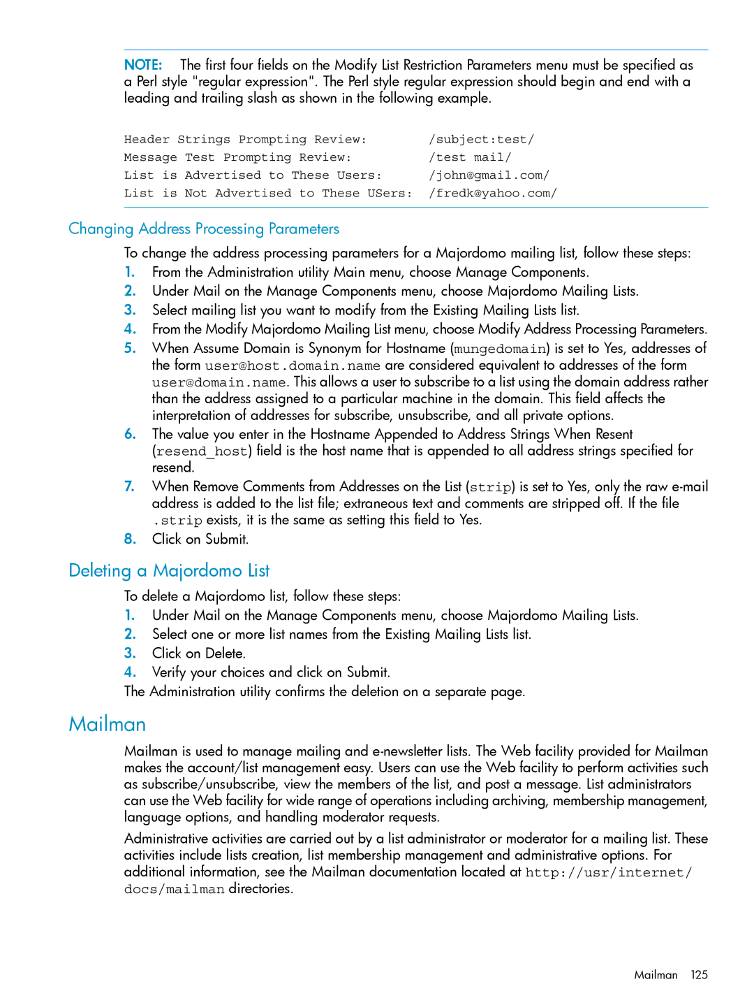 HP UX Internet Express Software manual Mailman, Deleting a Majordomo List, Changing Address Processing Parameters 