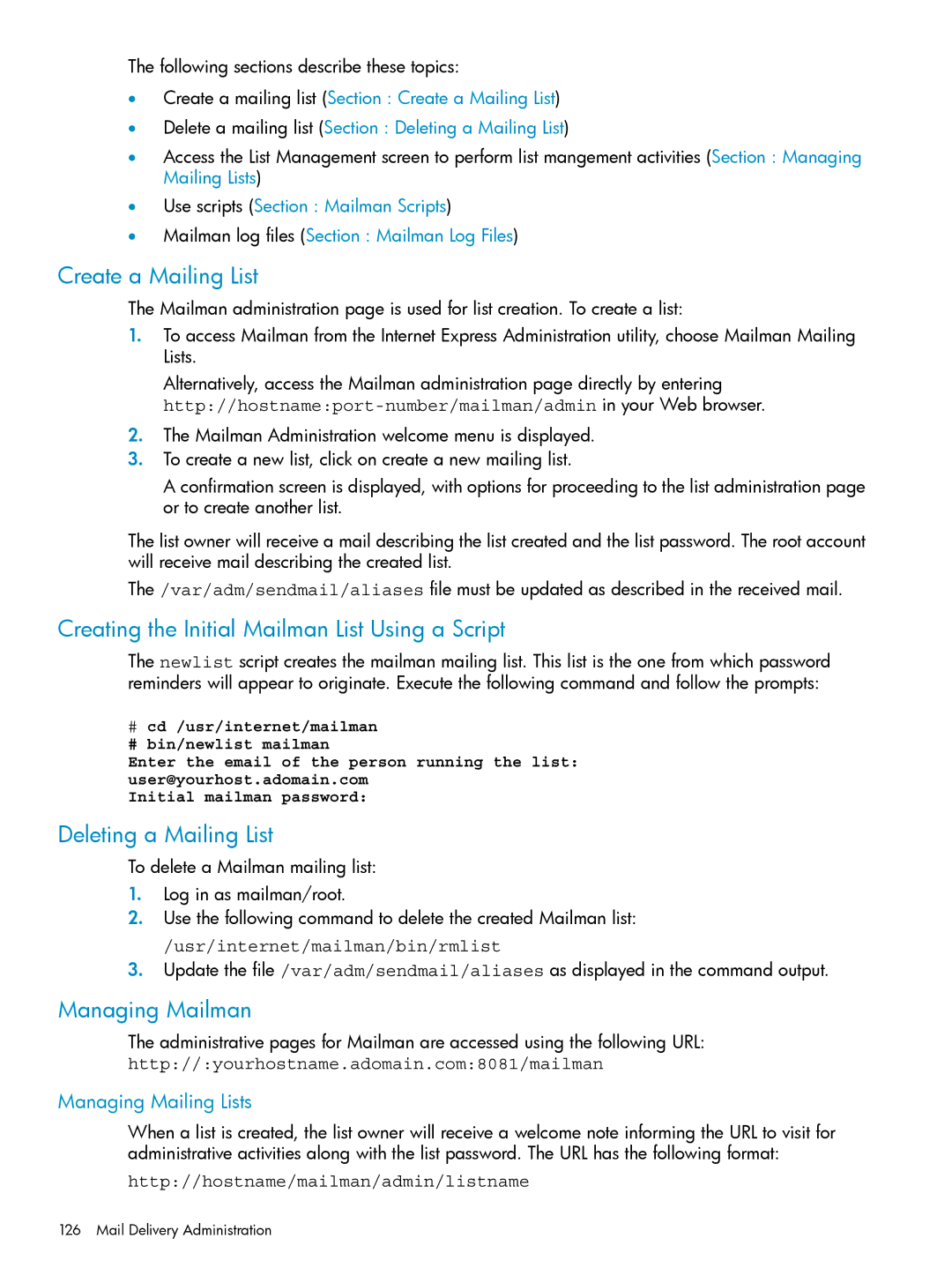 HP UX Internet Express Software Create a Mailing List, Creating the Initial Mailman List Using a Script, Managing Mailman 