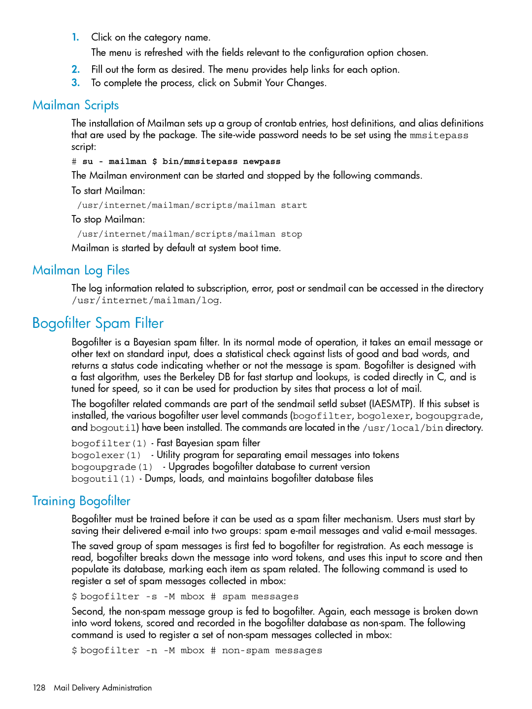 HP UX Internet Express Software manual Bogofilter Spam Filter, Mailman Scripts, Mailman Log Files, Training Bogofilter 