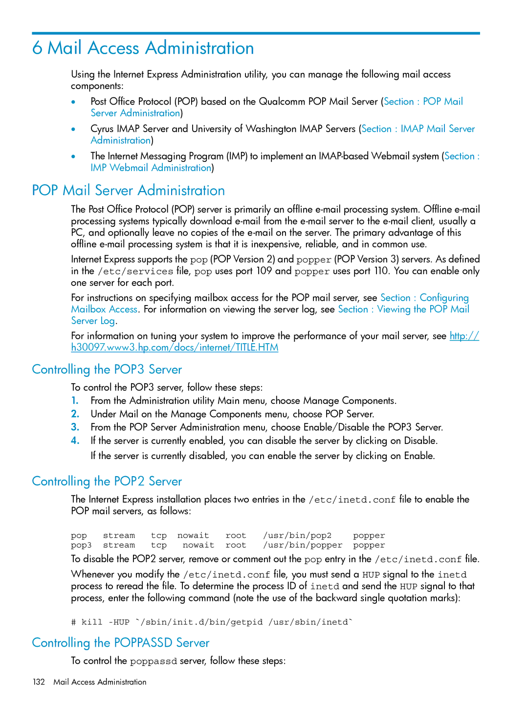 HP UX Internet Express Software Mail Access Administration, POP Mail Server Administration, Controlling the POP3 Server 