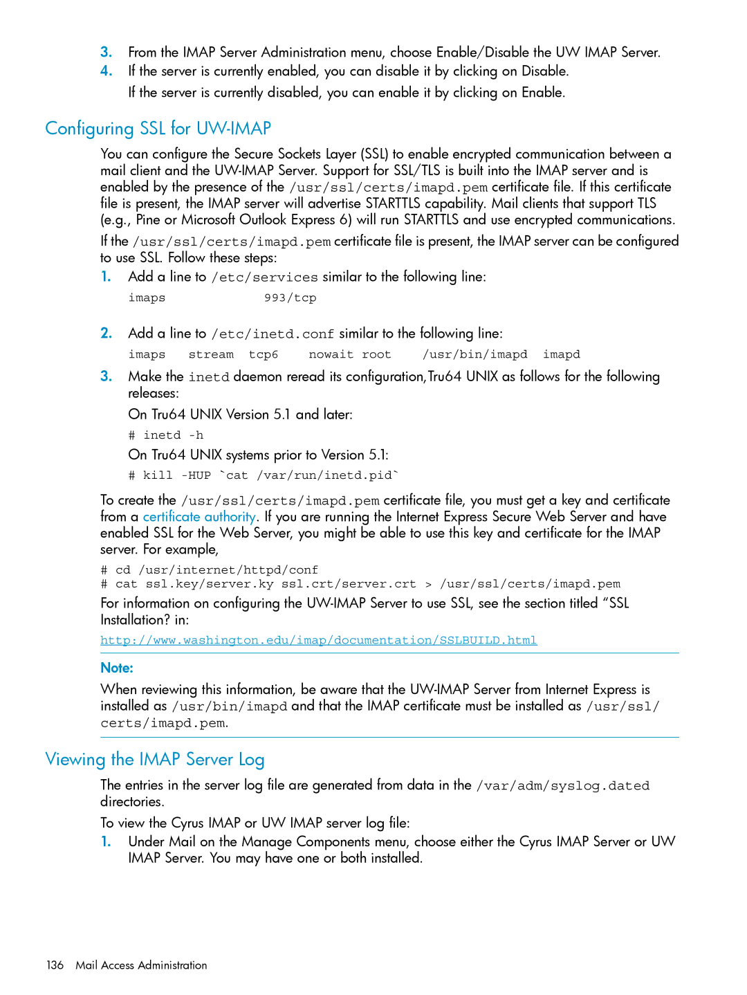 HP UX Internet Express Software manual Configuring SSL for UW-IMAP, Viewing the Imap Server Log 