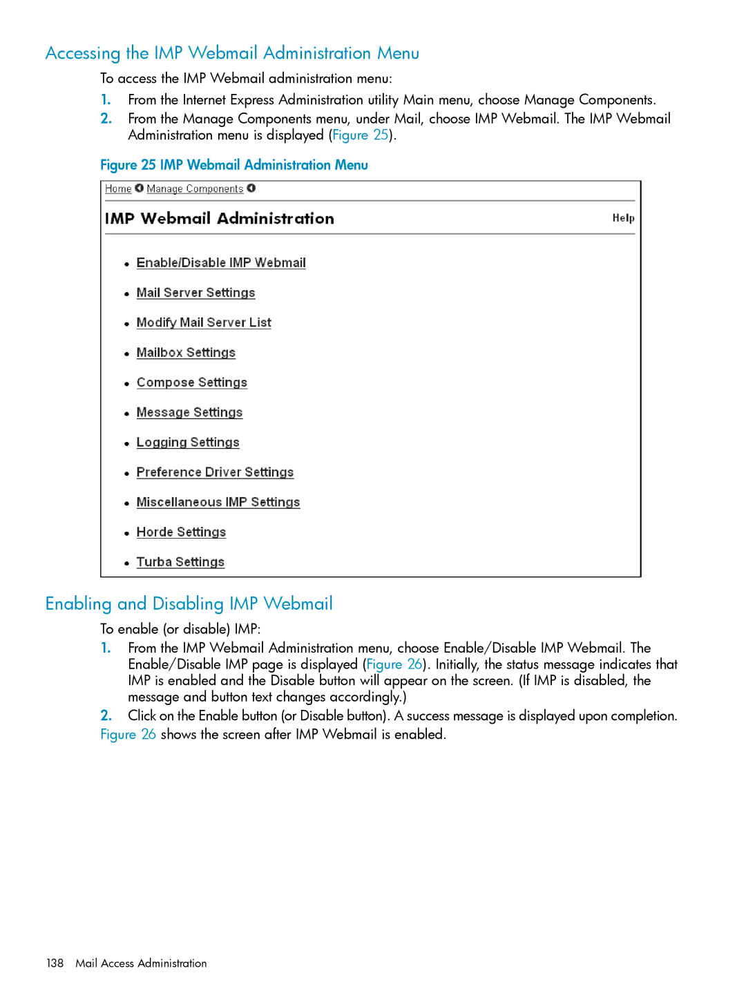 HP UX Internet Express Software manual Accessing the IMP Webmail Administration Menu, Enabling and Disabling IMP Webmail 