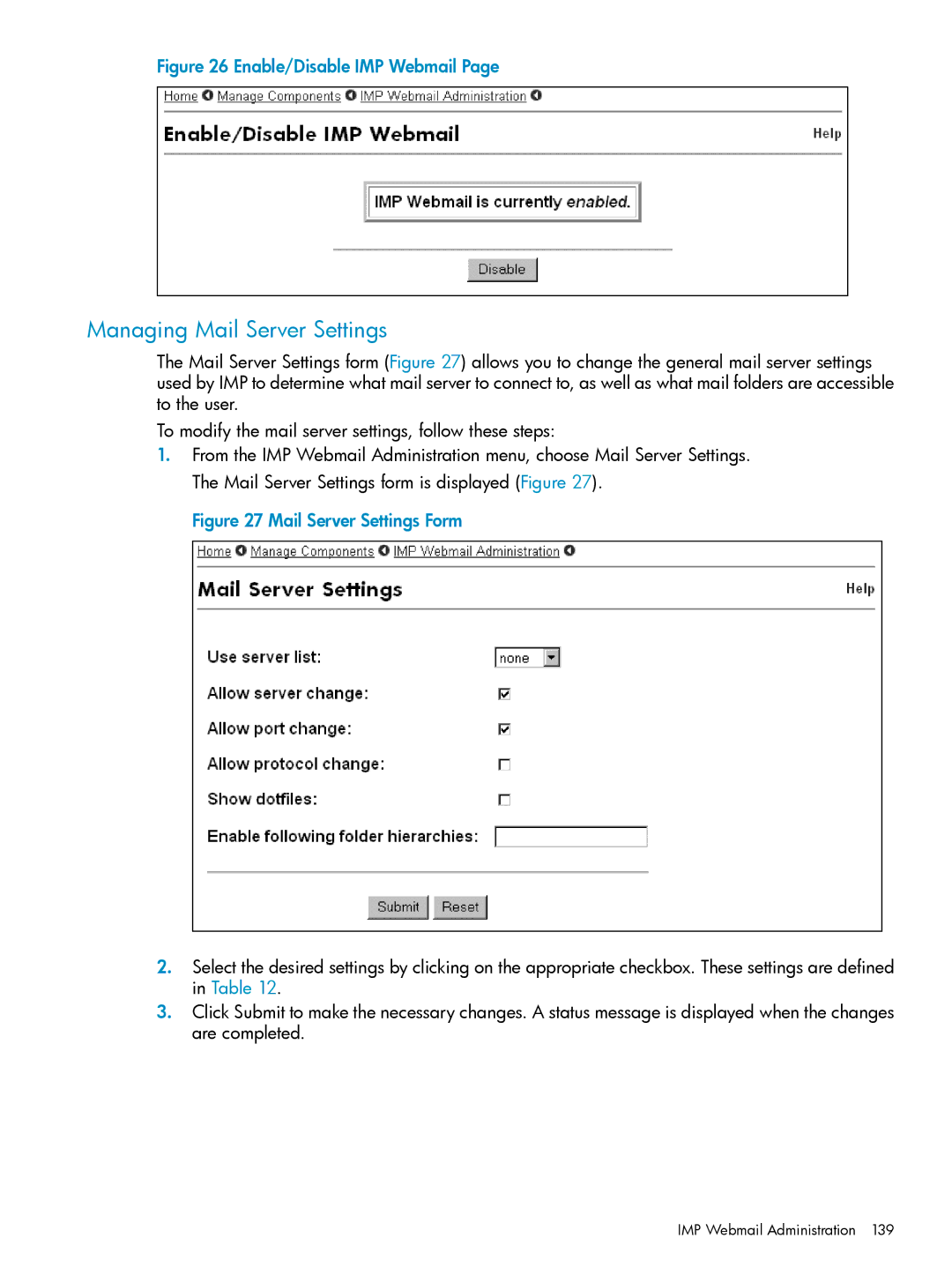 HP UX Internet Express Software manual Managing Mail Server Settings, Enable/Disable IMP Webmail 