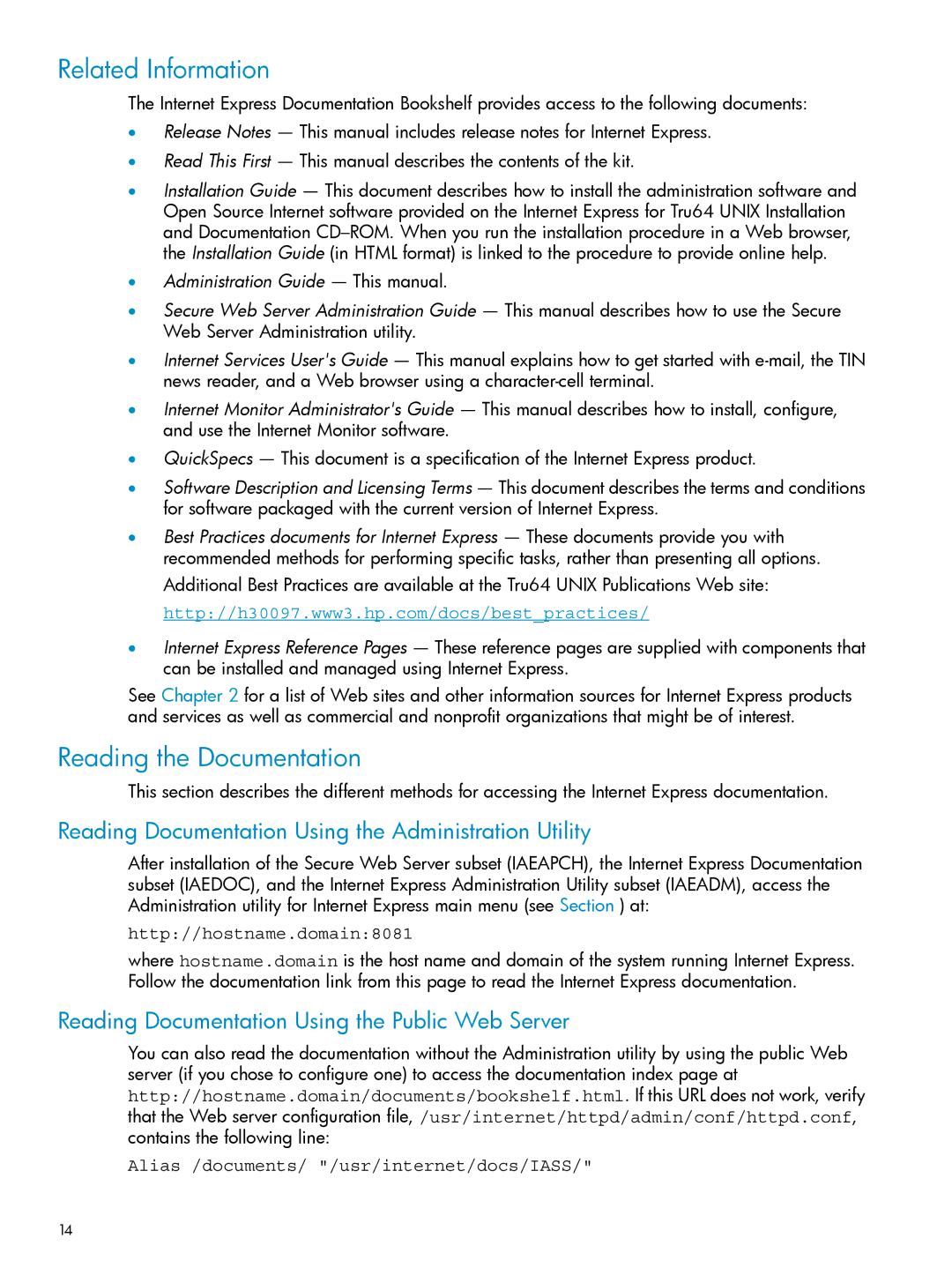 HP UX Internet Express Software Related Information, Reading the Documentation, Alias /documents/ /usr/internet/docs/IASS 
