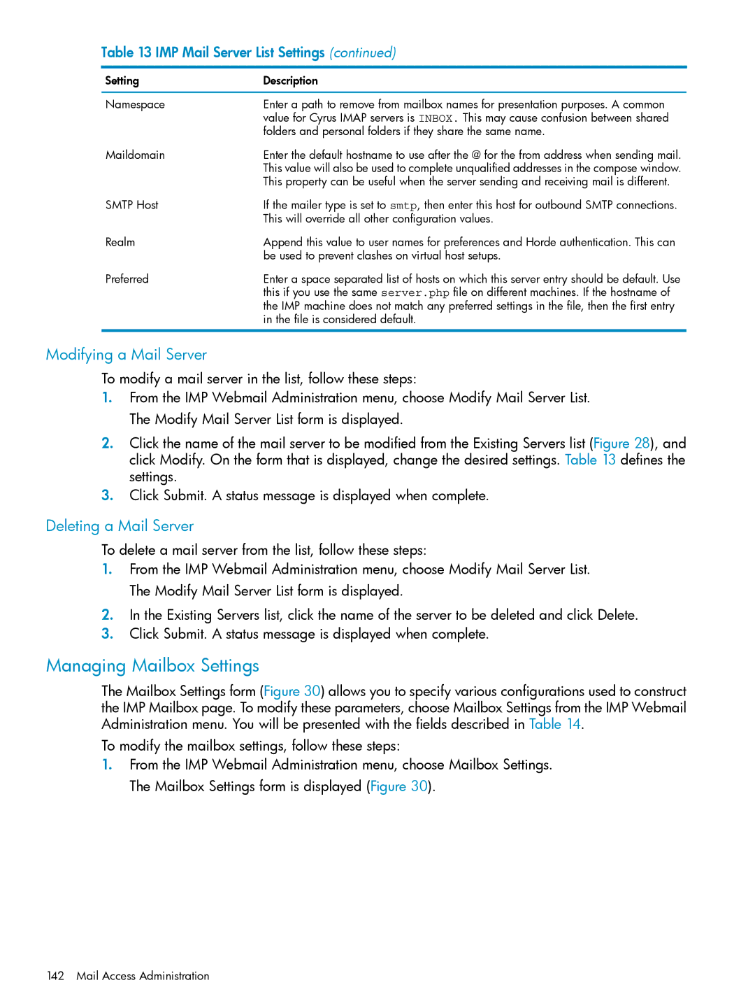 HP UX Internet Express Software manual Managing Mailbox Settings, Modifying a Mail Server, Deleting a Mail Server 