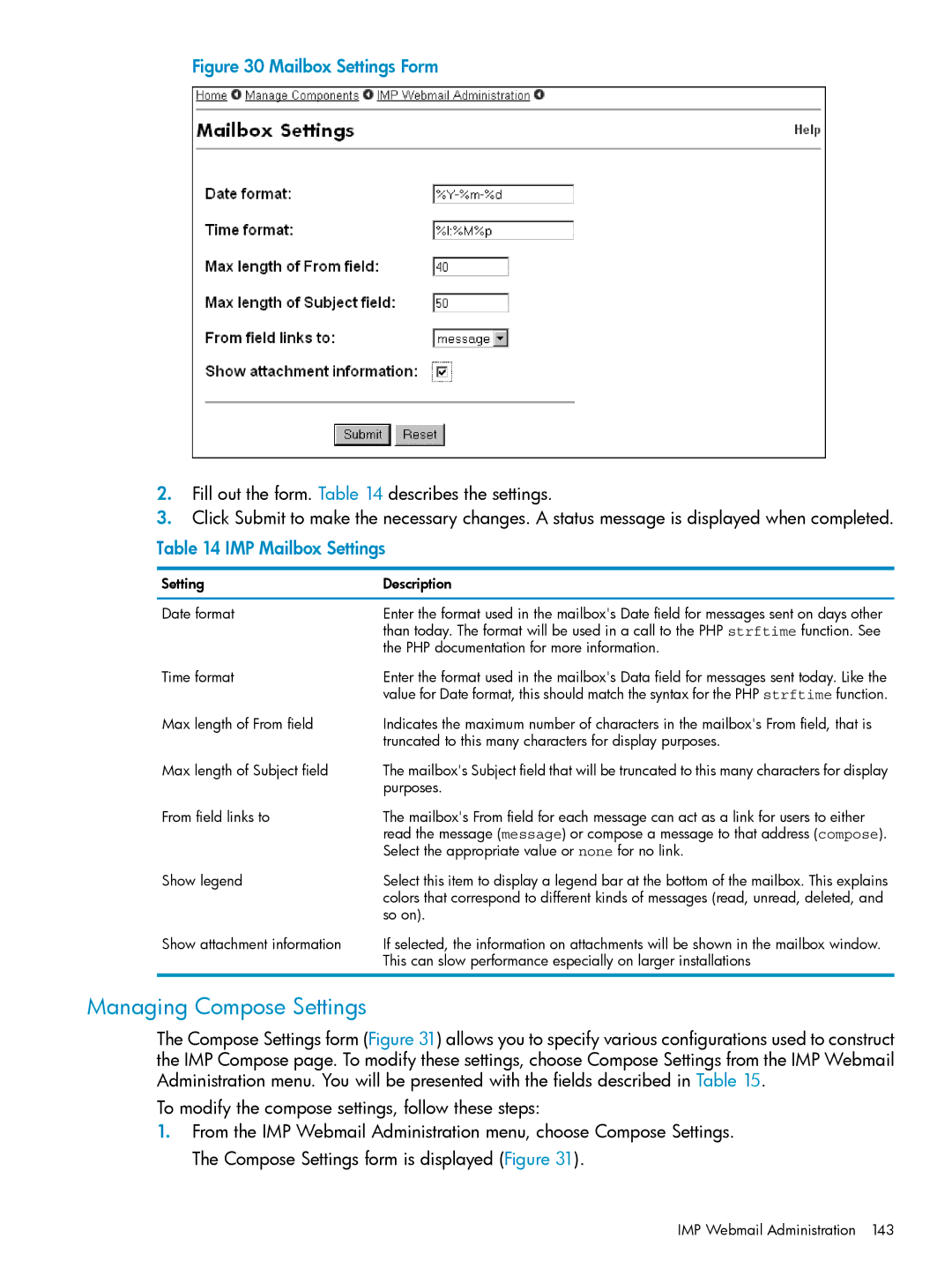 HP UX Internet Express Software manual Managing Compose Settings, IMP Mailbox Settings 