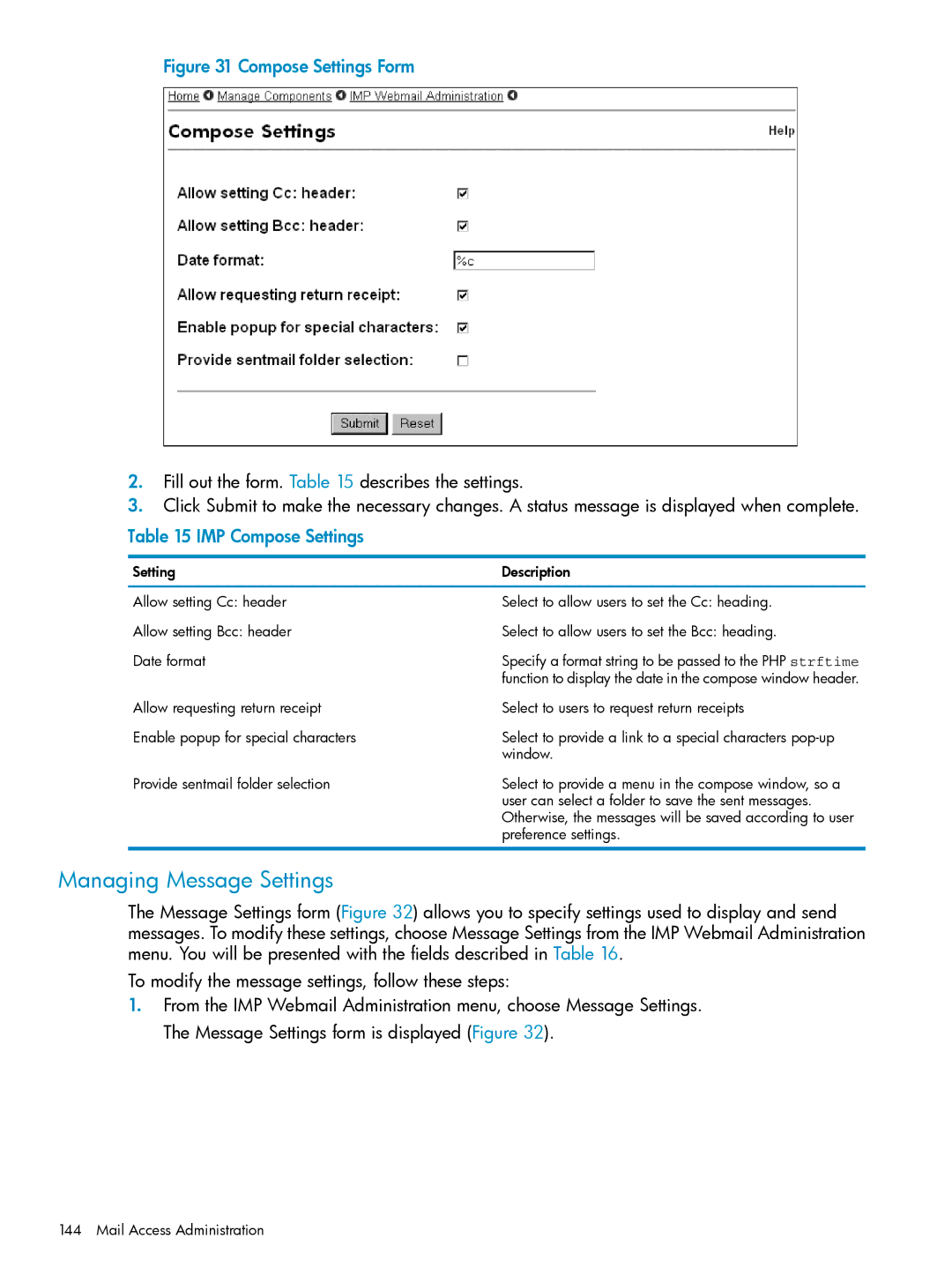 HP UX Internet Express Software manual Managing Message Settings, IMP Compose Settings, Preference settings 