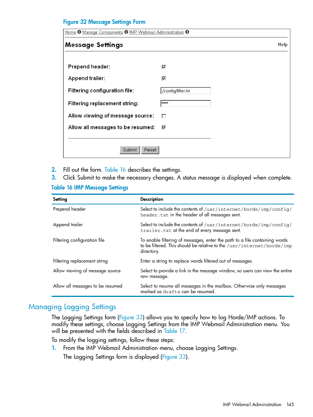 HP UX Internet Express Software manual Managing Logging Settings, IMP Message Settings 