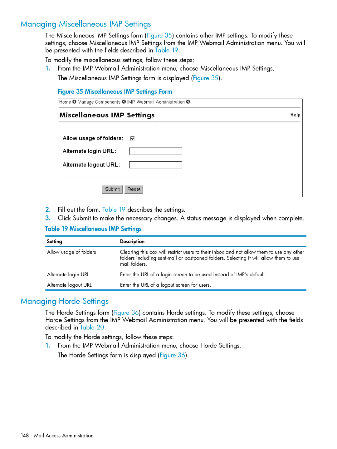 HP UX Internet Express Software manual Managing Miscellaneous IMP Settings, Managing Horde Settings, Mail folders 