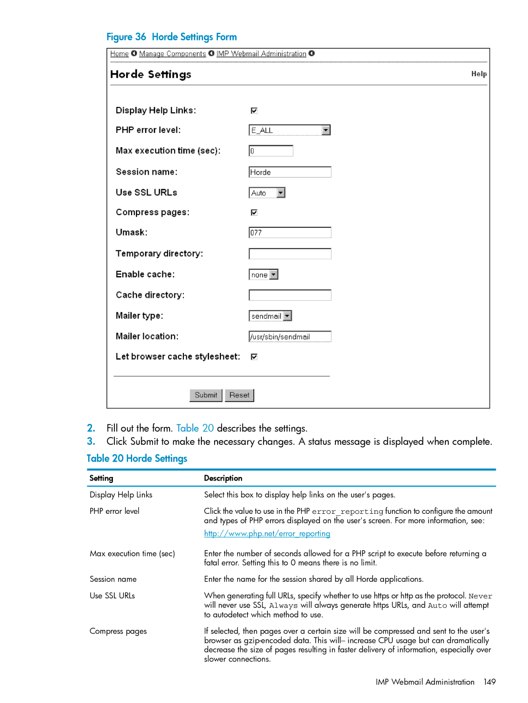 HP UX Internet Express Software manual Horde Settings 