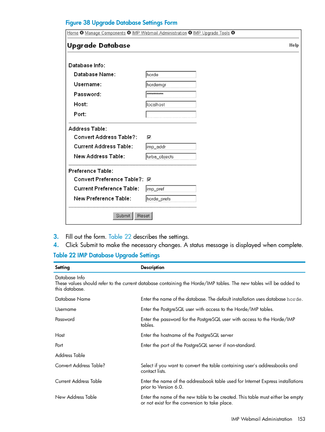 HP UX Internet Express Software manual IMP Database Upgrade Settings 