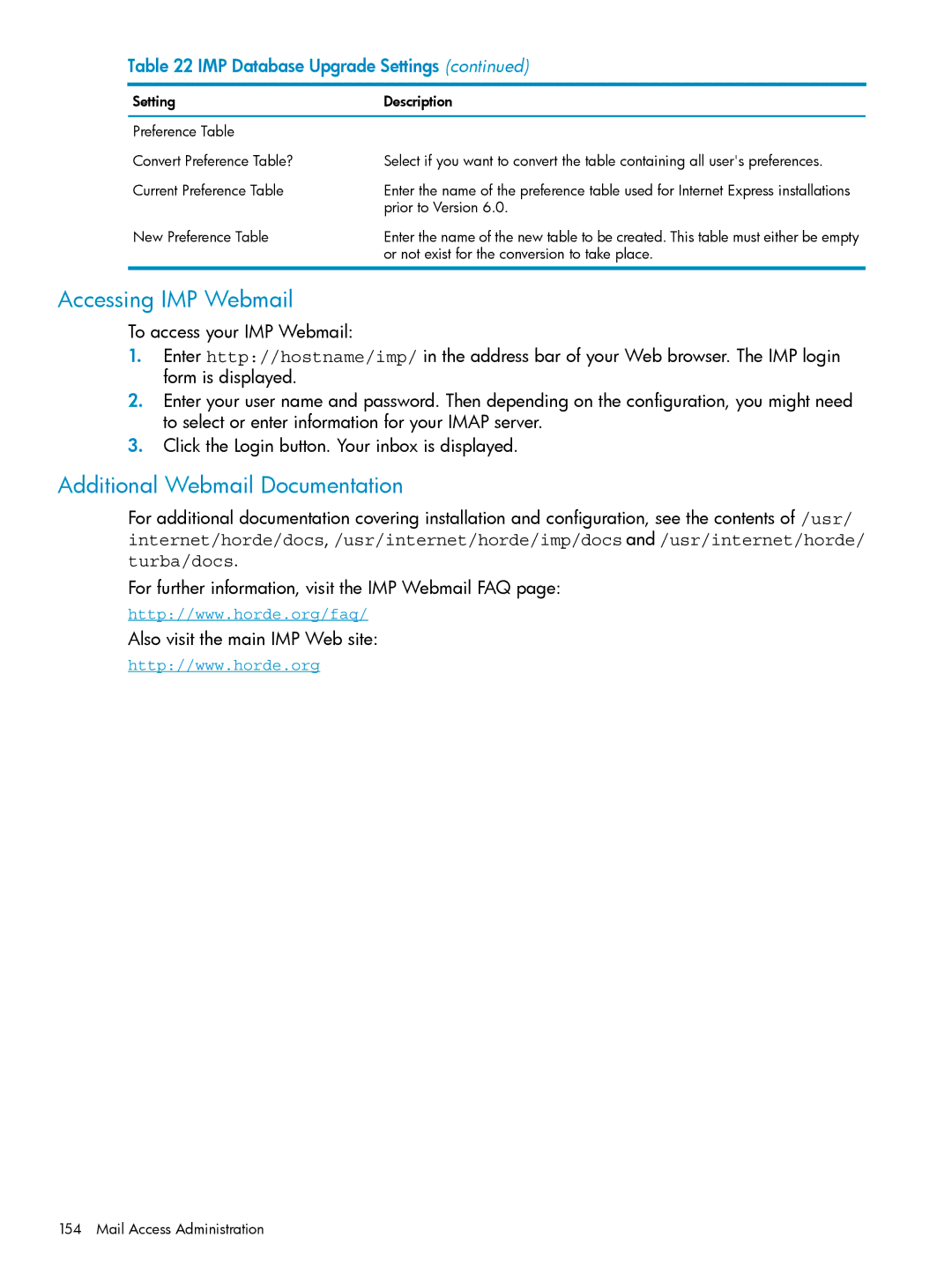 HP UX Internet Express Software manual Accessing IMP Webmail, Additional Webmail Documentation, New Preference Table 