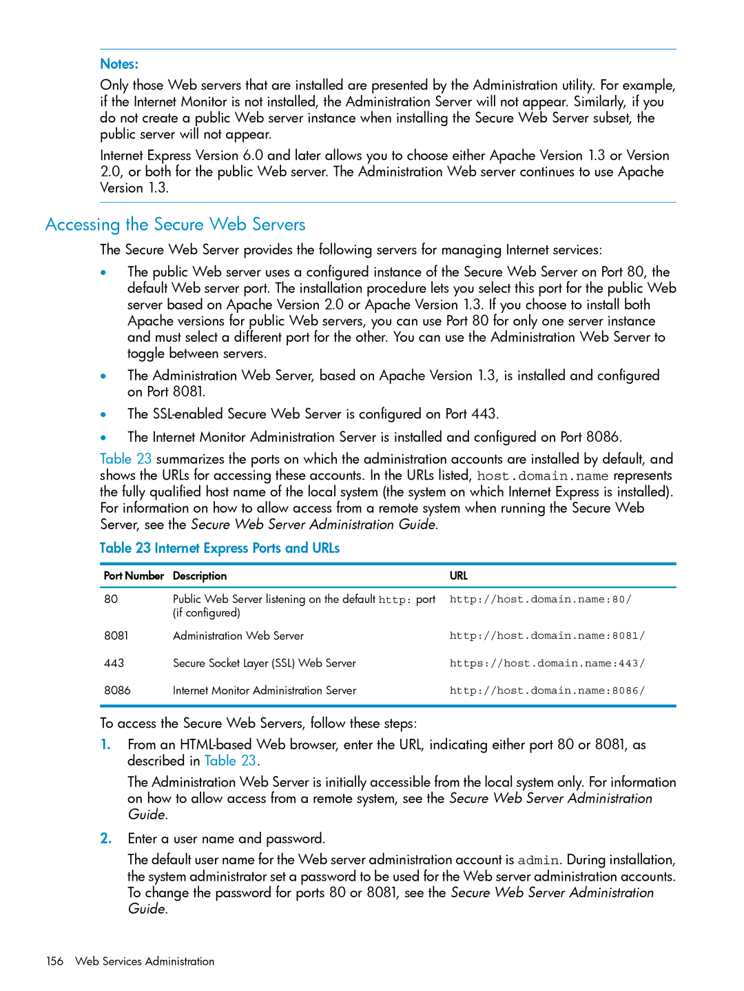 HP UX Internet Express Software manual Accessing the Secure Web Servers, Internet Express Ports and URLs 