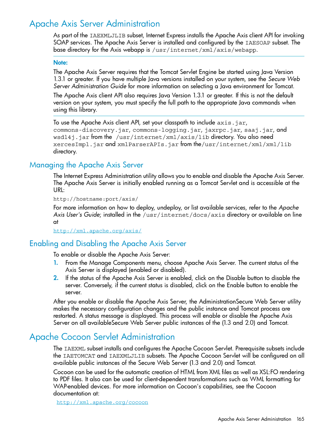 HP UX Internet Express Software manual Apache Axis Server Administration, Apache Cocoon Servlet Administration 
