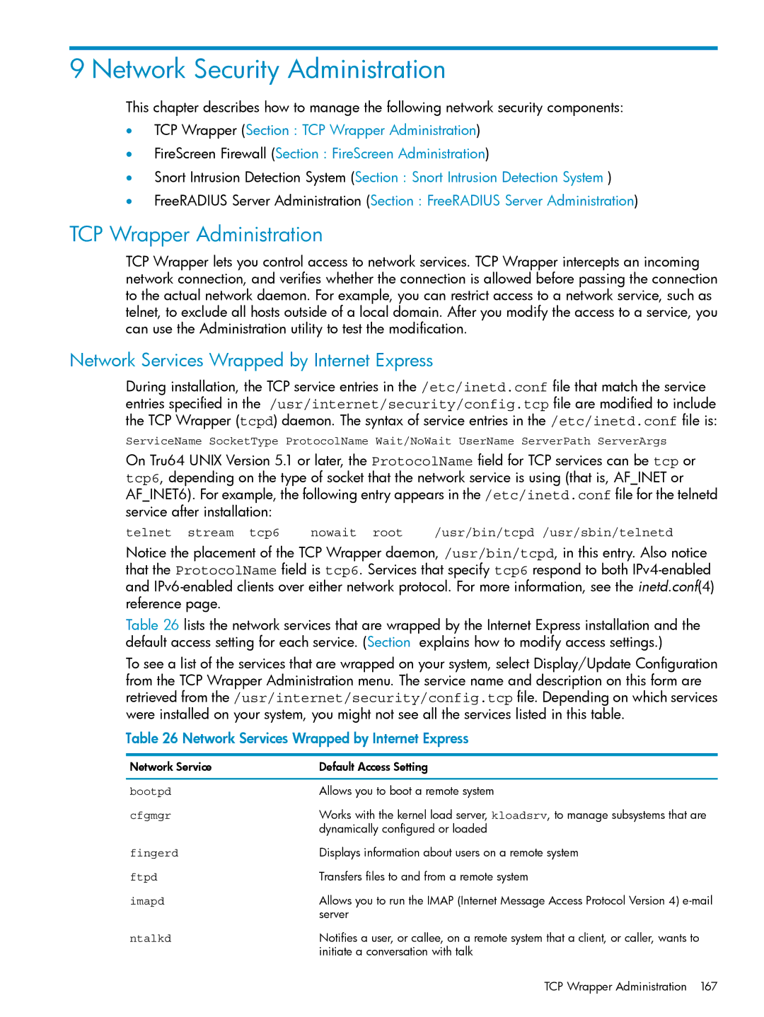 HP UX Internet Express Software manual Network Security Administration, TCP Wrapper Administration 