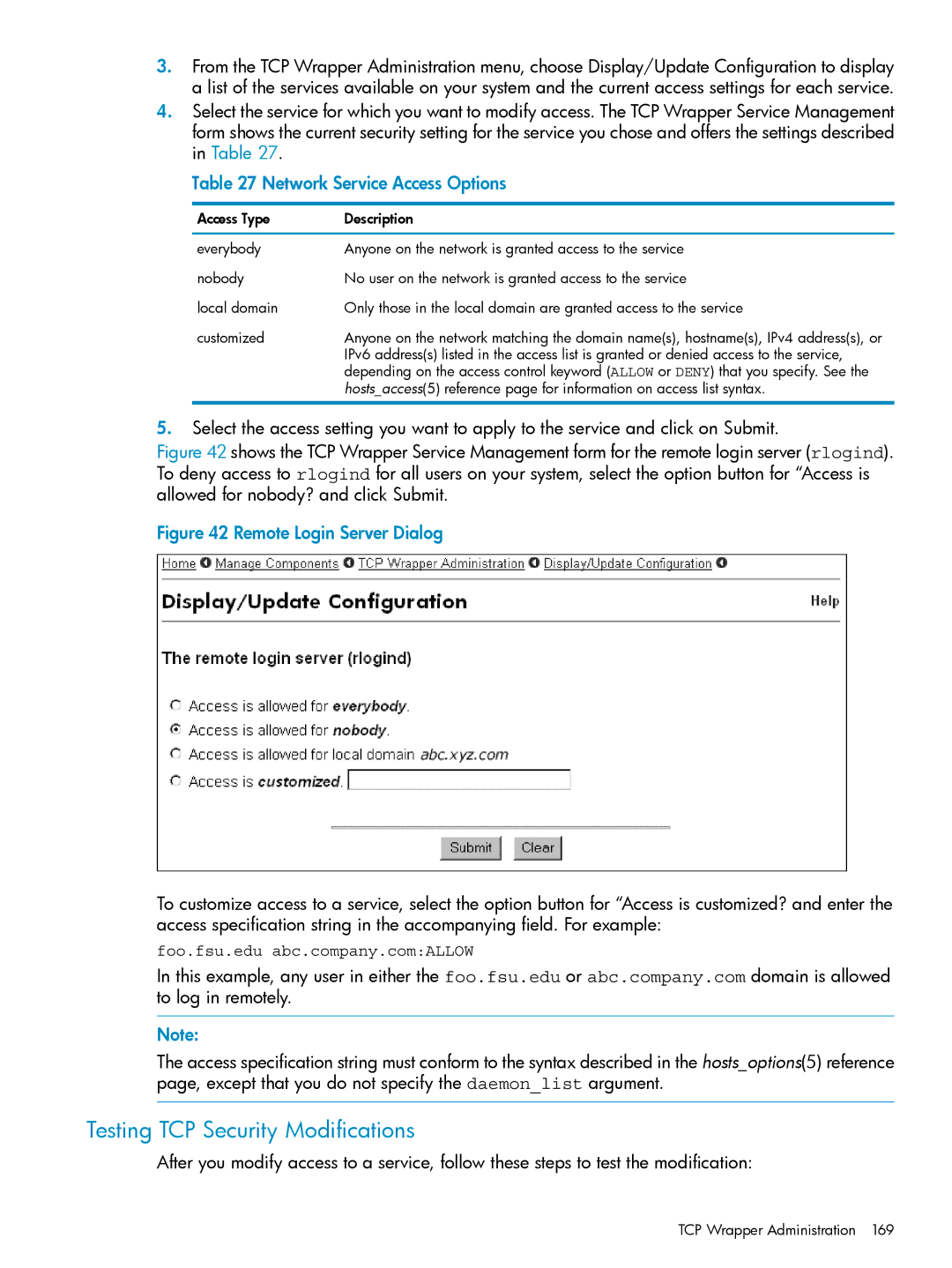 HP UX Internet Express Software manual Testing TCP Security Modifications, Network Service Access Options 