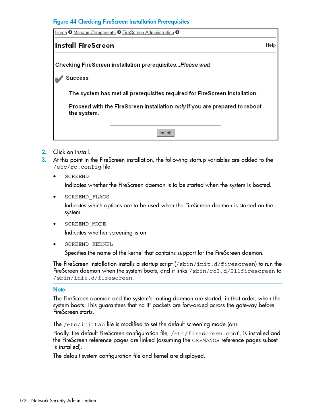HP UX Internet Express Software manual Checking FireScreen Installation Prerequisites, Etc/rc.config file 