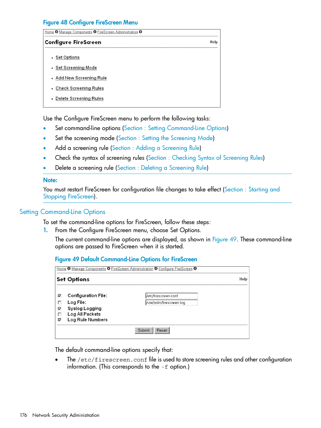 HP UX Internet Express Software manual Setting Command-Line Options, Configure FireScreen Menu 