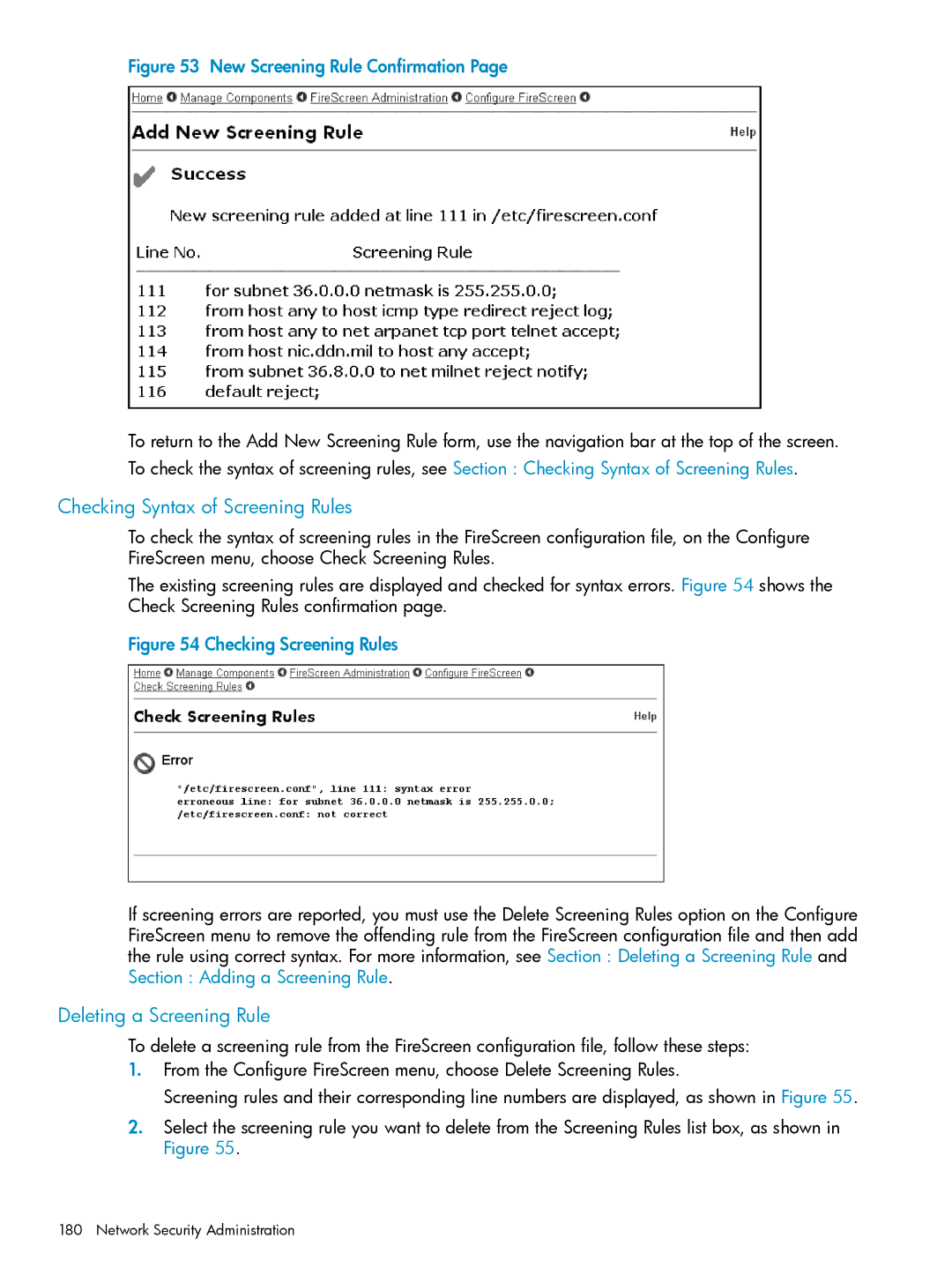 HP UX Internet Express Software manual Checking Syntax of Screening Rules, Deleting a Screening Rule 