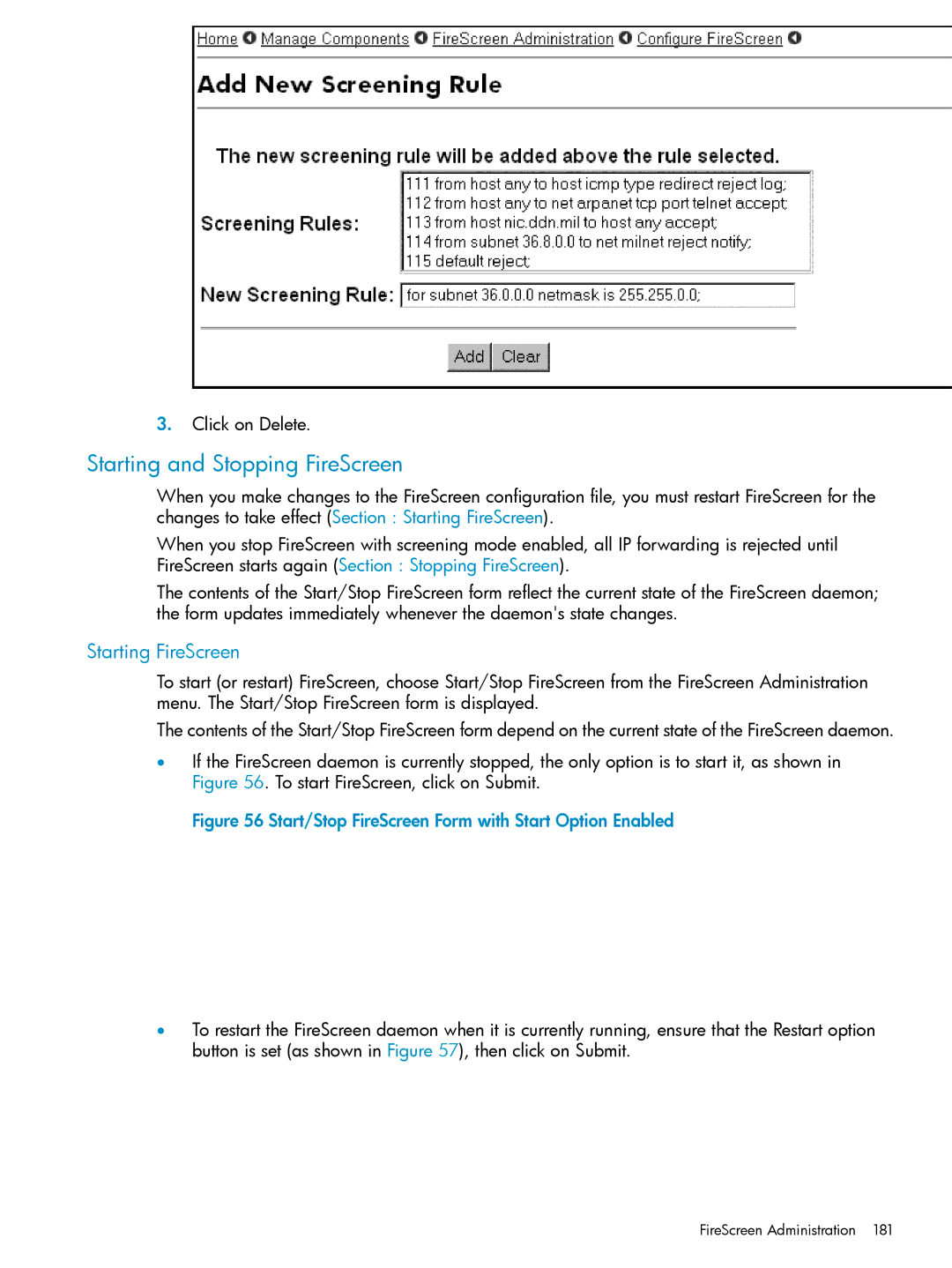 HP UX Internet Express Software manual Starting and Stopping FireScreen, Starting FireScreen 