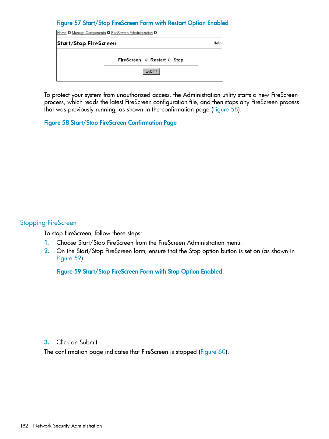 HP UX Internet Express Software manual Stopping FireScreen, Start/Stop FireScreen Form with Restart Option Enabled 