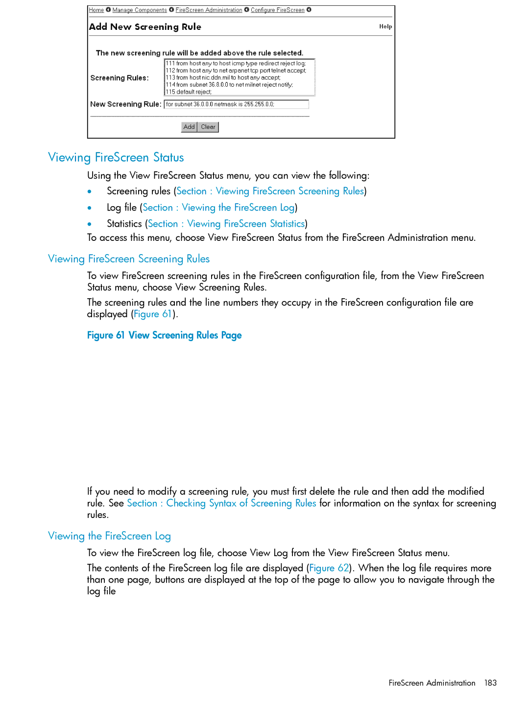 HP UX Internet Express Software Viewing FireScreen Status, Viewing FireScreen Screening Rules, Viewing the FireScreen Log 