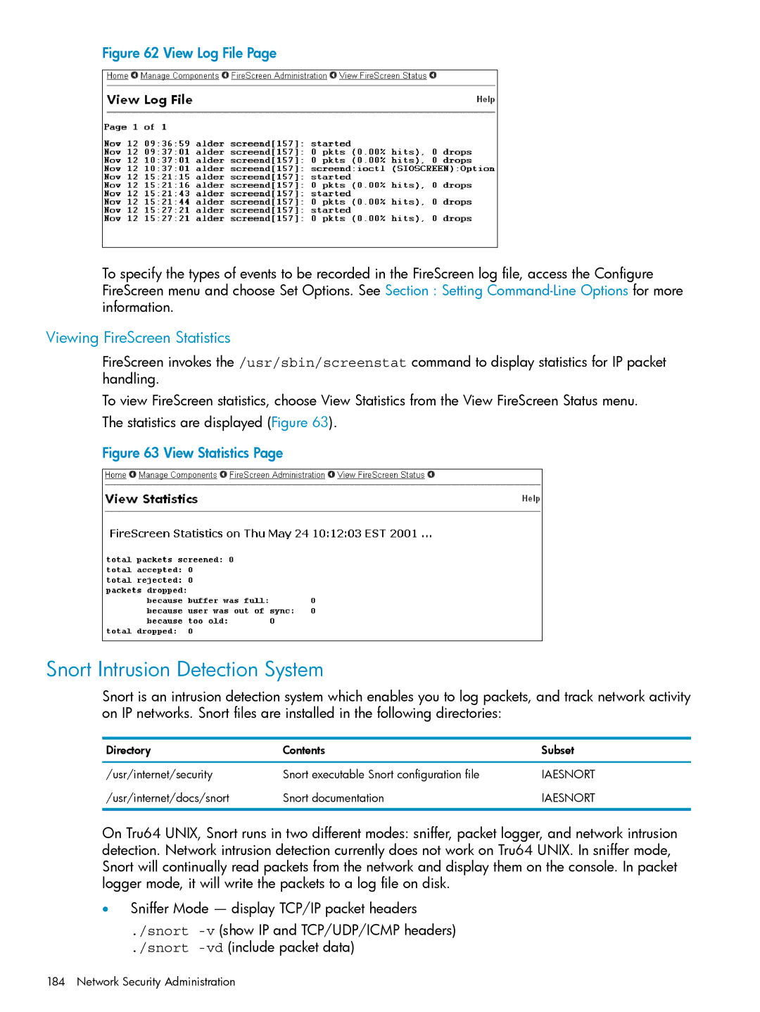 HP UX Internet Express Software manual Snort Intrusion Detection System, Viewing FireScreen Statistics 