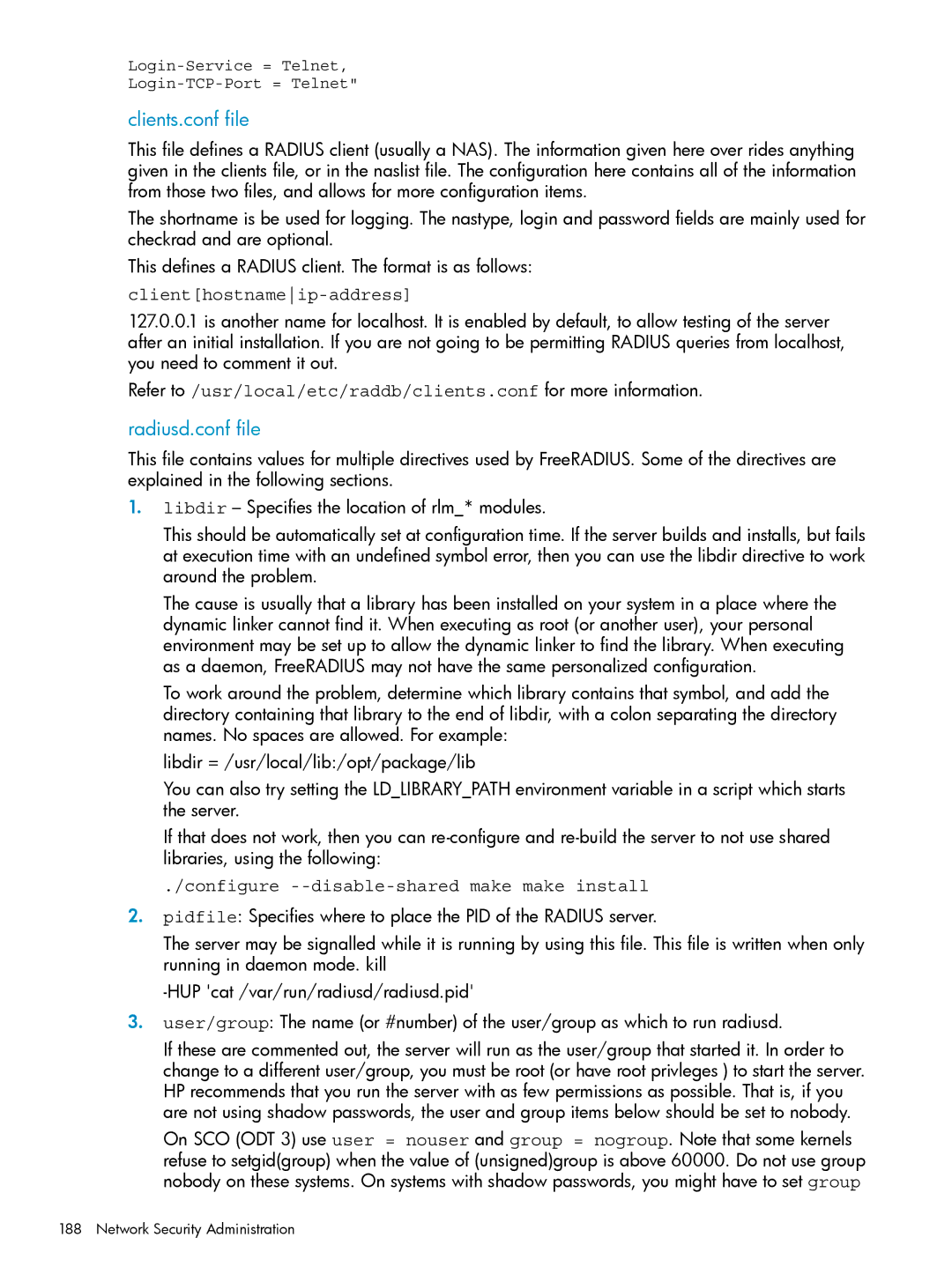 HP UX Internet Express Software manual Clients.conf file, Radiusd.conf file, Configure --disable-shared make make install 