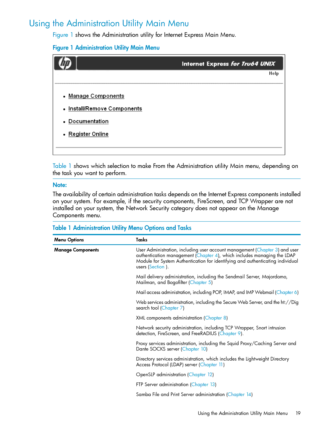 HP UX Internet Express Software Using the Administration Utility Main Menu, Administration Utility Menu Options and Tasks 